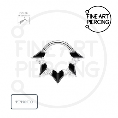 Aro Clicker "Vivienne" de titanio hipoalergénico con circonitas de corte kite en blanco y negro