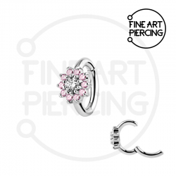 Aro clicker ovalado para piercing de ombligo en CoCr con flor y circonitas rosas y blancas