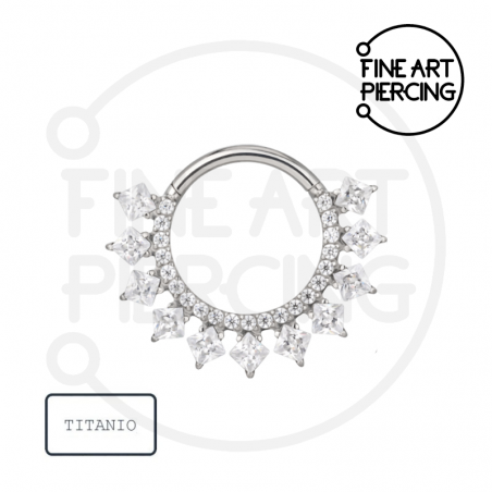 Aro clicker de titanio con tiras de circonitas redondas y cuadradas Dione