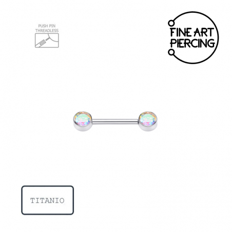 Piercing en el pezón push pin titanio con circonitas boreales de colores