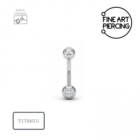 Piercing ombligo mini de titanio con rosca interna y brillantes, vista frontal (bola superior 4 mm, inferior 6 mm)
