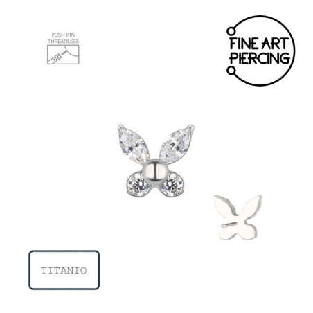 Piercing push pin de titanio en forma de mariposa con circonitas modelo Alba.
