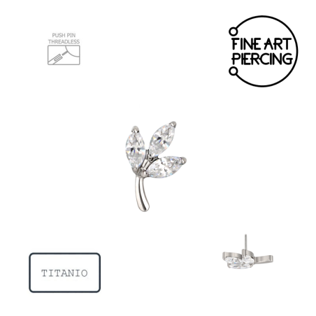 Piercing push pin de titanio Lyra en forma de rama con tres hojas de circonita marquesa.