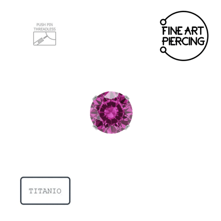 Piercing push pin de titanio con una vibrante circonita fucsia.