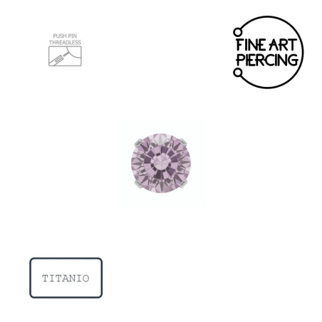 Piercing push pin de titanio con una delicada circonita lila lavanda.